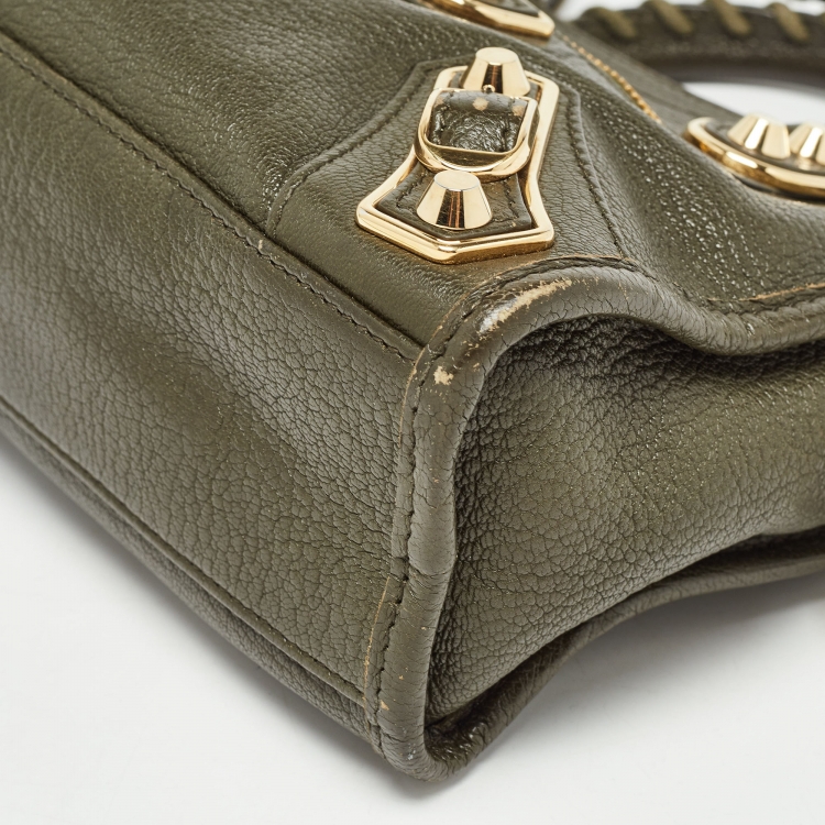 Pre Owned Balenciaga Olive Green Leather Mini Metallic Edge Classic City Bag