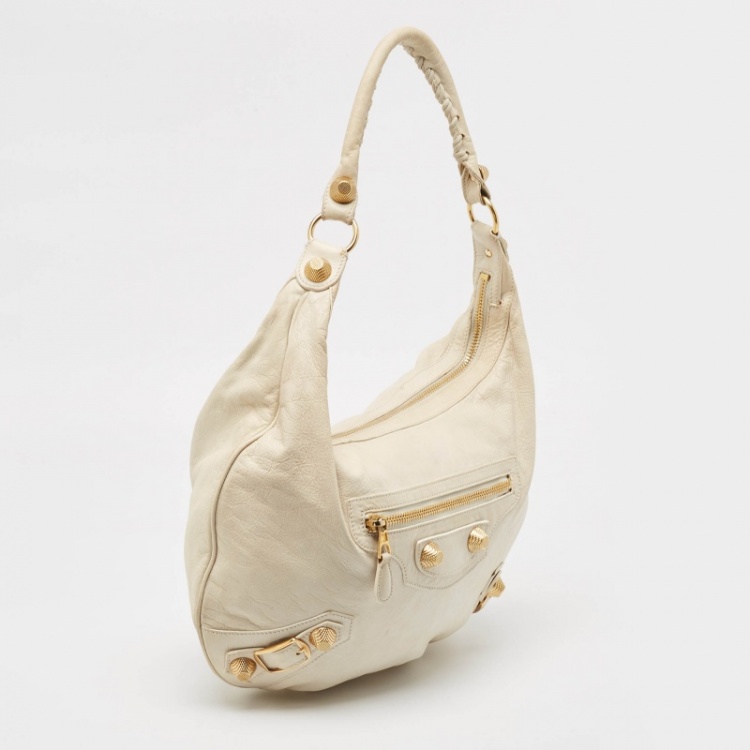 Pre Owned Balenciaga White Leather Giant Hardware Hobo