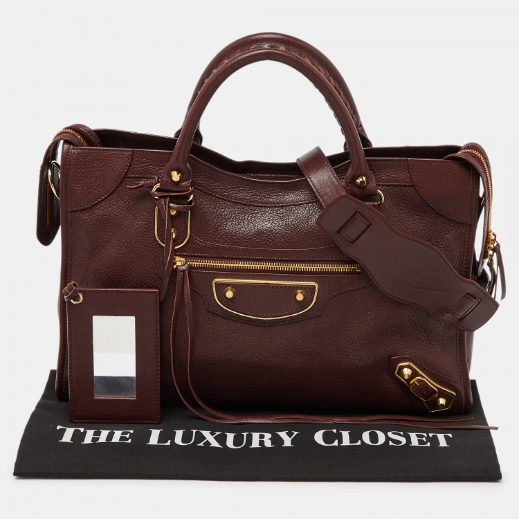 Pre Owned Balenciaga Rouge Pourpre Leather Medium Classic Metallic Edge City Bag