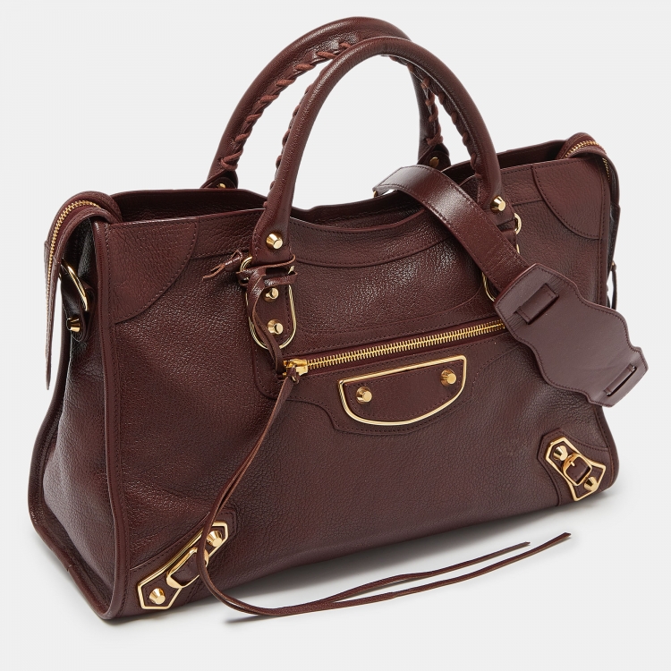 Pre Owned Balenciaga Rouge Pourpre Leather Medium Classic Metallic Edge City Bag