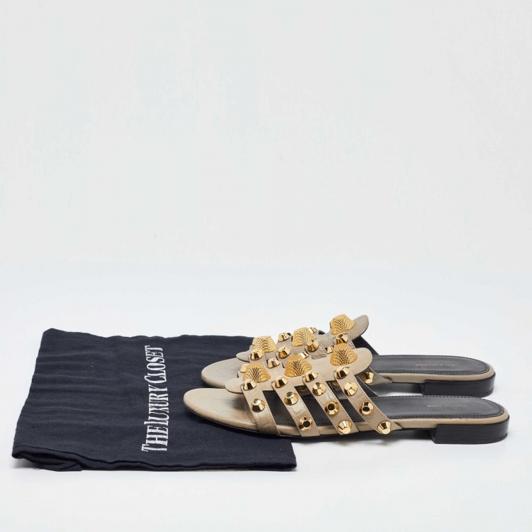 Pre Owned Balenciaga Beige Leather Studded Arena Flat Slides Size 38