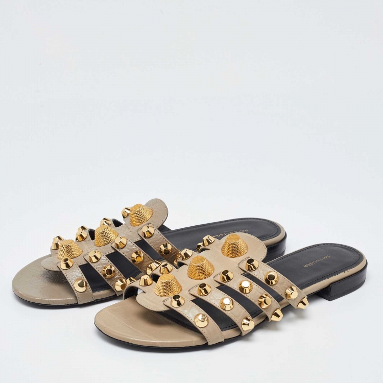 Pre Owned Balenciaga Beige Leather Studded Arena Flat Slides Size 38