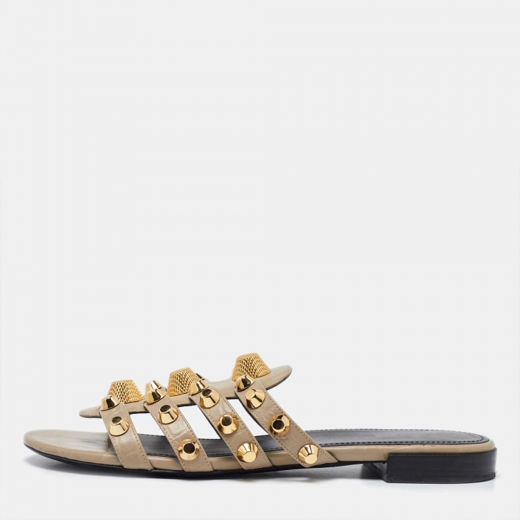 Pre Owned Balenciaga Beige Leather Studded Arena Flat Slides Size 38