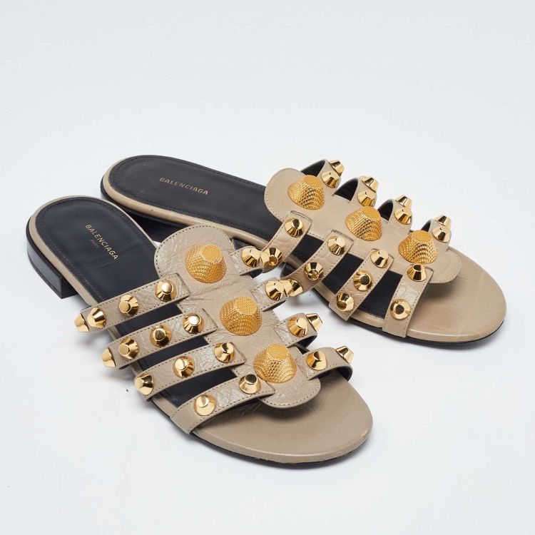 Pre Owned Balenciaga Beige Leather Studded Arena Flat Slides Size 38