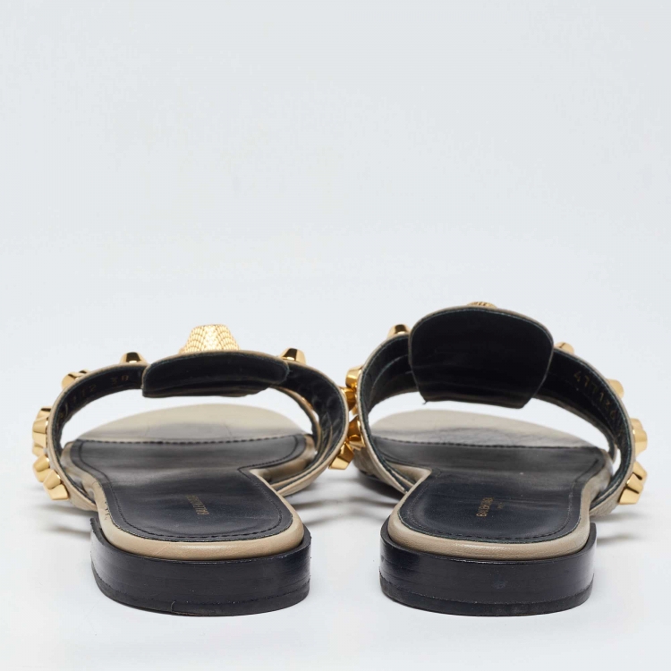 Pre Owned Balenciaga Beige Leather Studded Arena Flat Slides Size 38