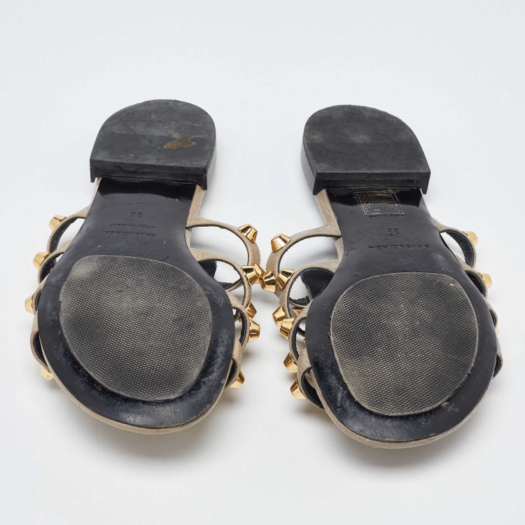 Pre Owned Balenciaga Beige Leather Studded Arena Flat Slides Size 38