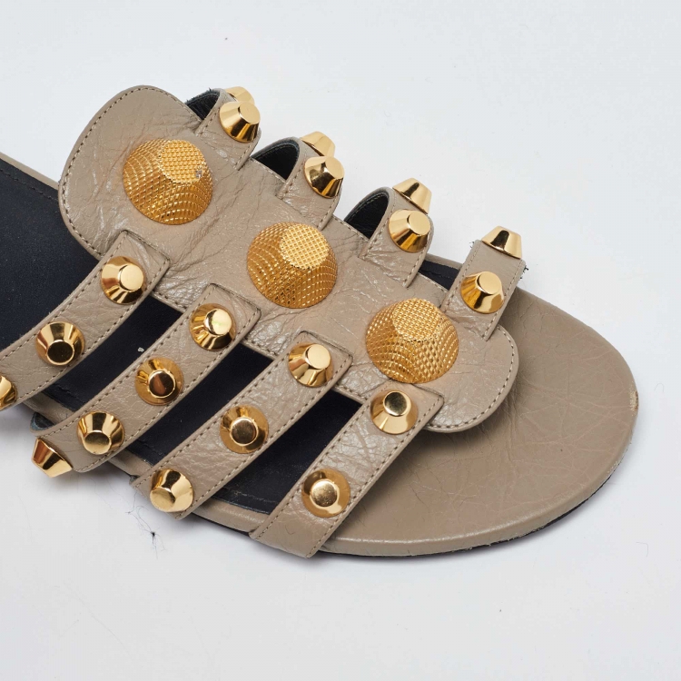 Pre Owned Balenciaga Beige Leather Studded Arena Flat Slides Size 38