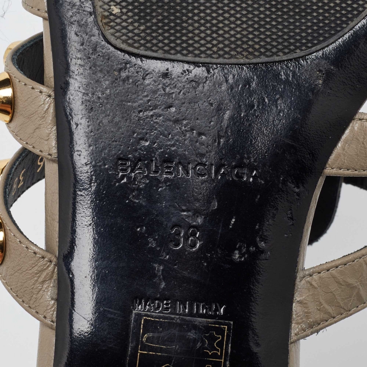 Pre Owned Balenciaga Beige Leather Studded Arena Flat Slides Size 38