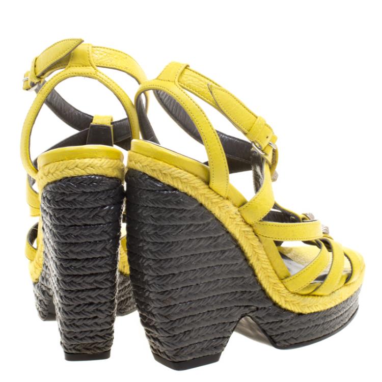 Pre Owned Balenciaga Yellow Leather Cross T Strap Wedge Espadrille Sandals Size 35