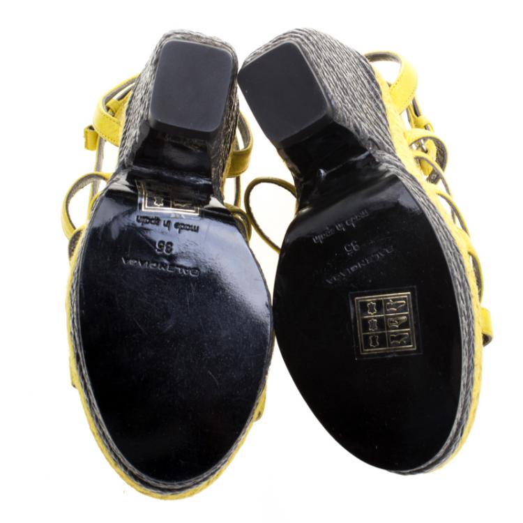 Pre Owned Balenciaga Yellow Leather Cross T Strap Wedge Espadrille Sandals Size 35