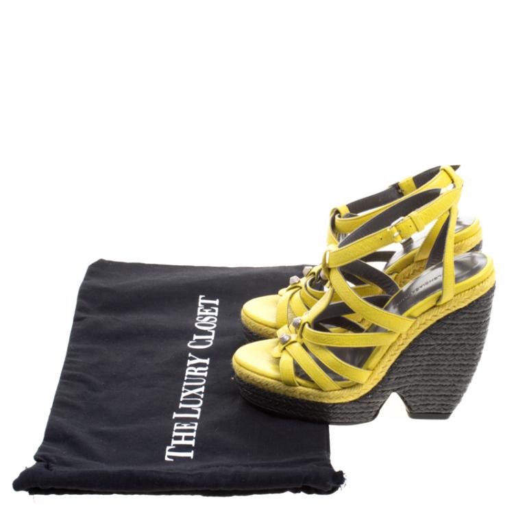 Pre Owned Balenciaga Yellow Leather Cross T Strap Wedge Espadrille Sandals Size 35