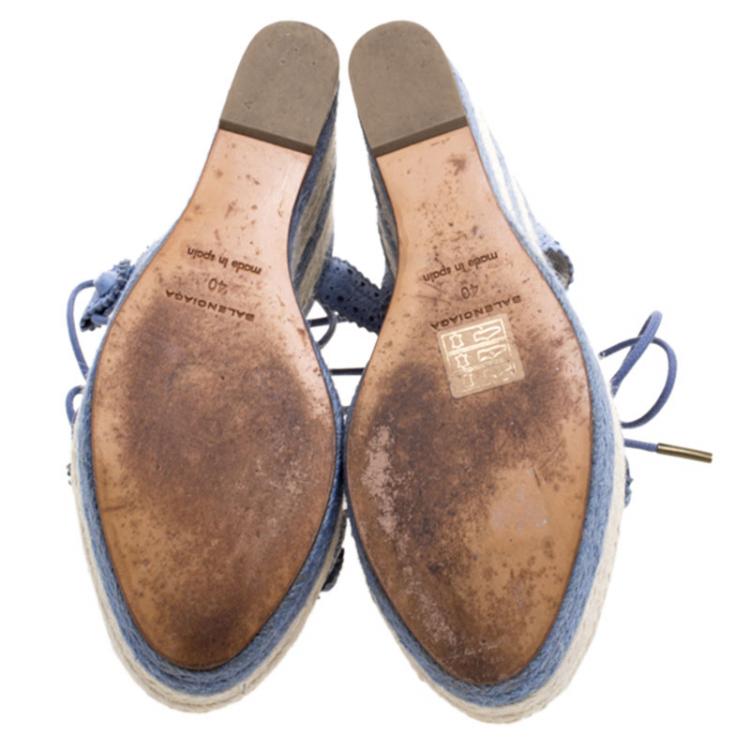 Pre Owned Balenciaga Blue Leather Lace Up Espadrille Wedges Size 40