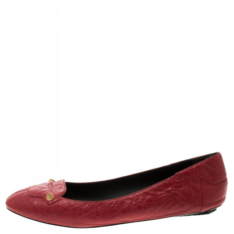 Pre Owned Balenciaga Red Distressed Leather Stud Ballet Flats Size 38