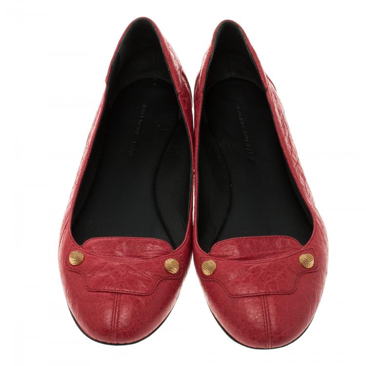 Pre Owned Balenciaga Red Distressed Leather Stud Ballet Flats Size 38
