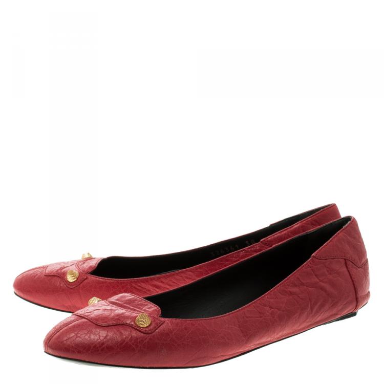Pre Owned Balenciaga Red Distressed Leather Stud Ballet Flats Size 38