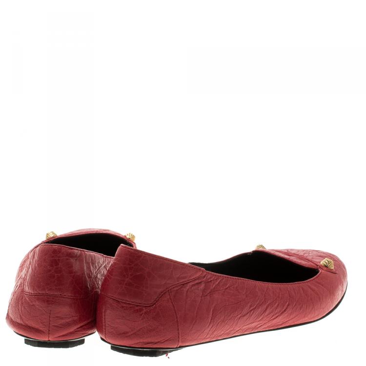 Pre Owned Balenciaga Red Distressed Leather Stud Ballet Flats Size 38