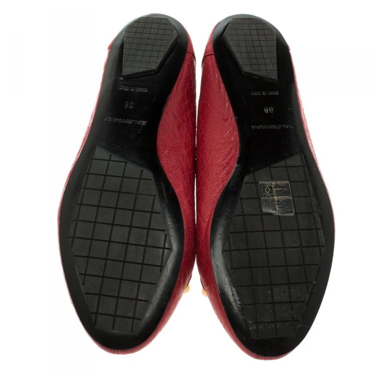 Pre Owned Balenciaga Red Distressed Leather Stud Ballet Flats Size 38