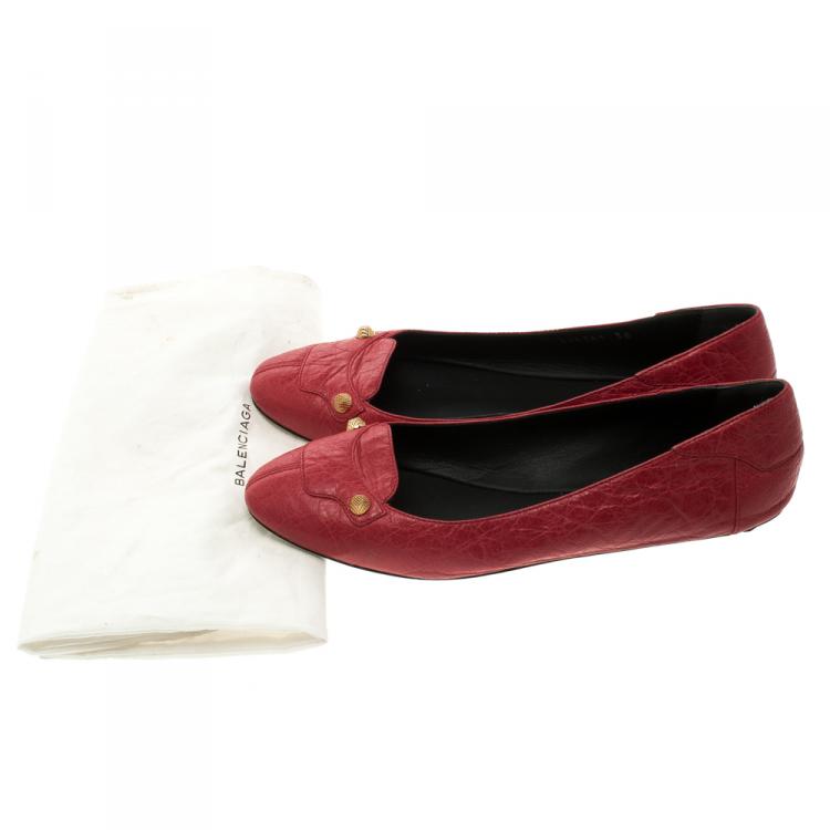 Pre Owned Balenciaga Red Distressed Leather Stud Ballet Flats Size 38