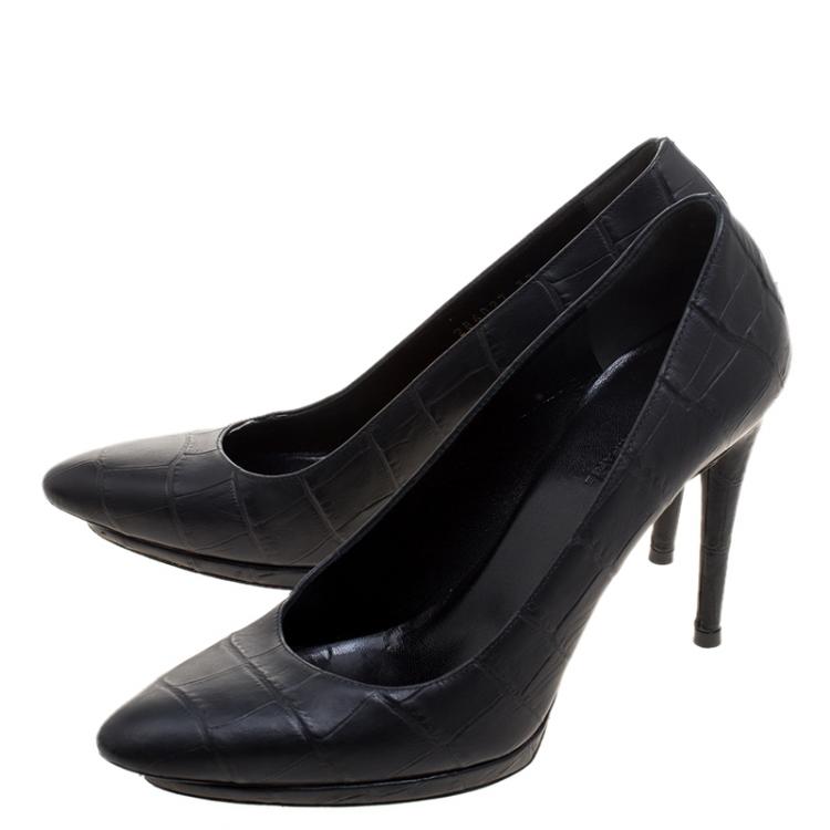 Pre Owned Balenciaga Black Croc Embossed Leather Platform Pumps Size 37