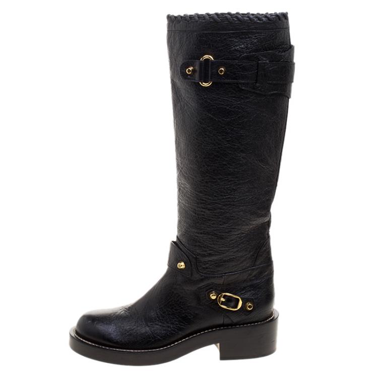 Pre Owned Balenciaga Black Distressed Leather Knee High Boots Size 38.5