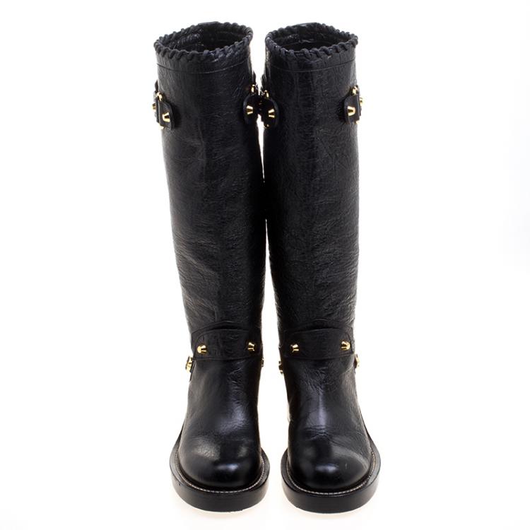 Pre Owned Balenciaga Black Distressed Leather Knee High Boots Size 38.5
