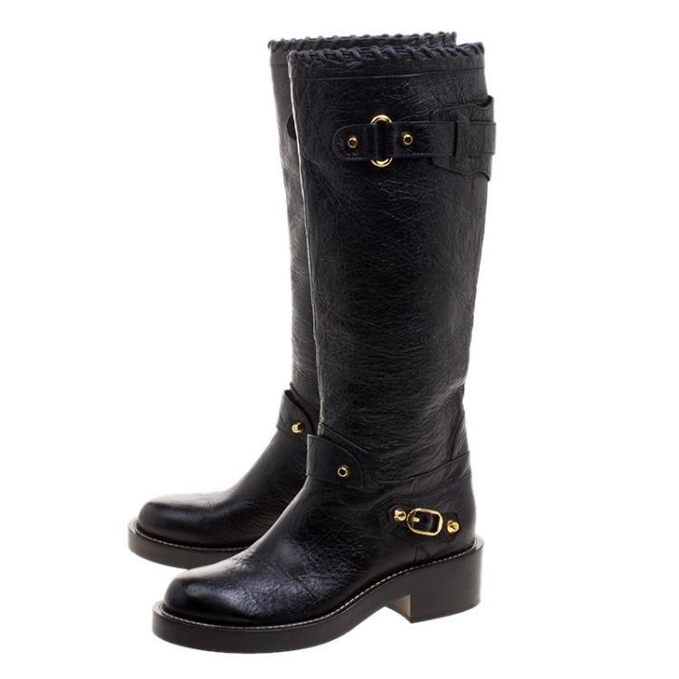 Pre Owned Balenciaga Black Distressed Leather Knee High Boots Size 38.5