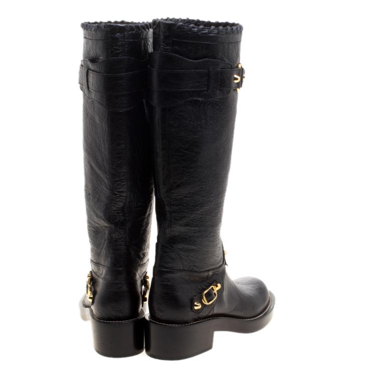 Pre Owned Balenciaga Black Distressed Leather Knee High Boots Size 38.5