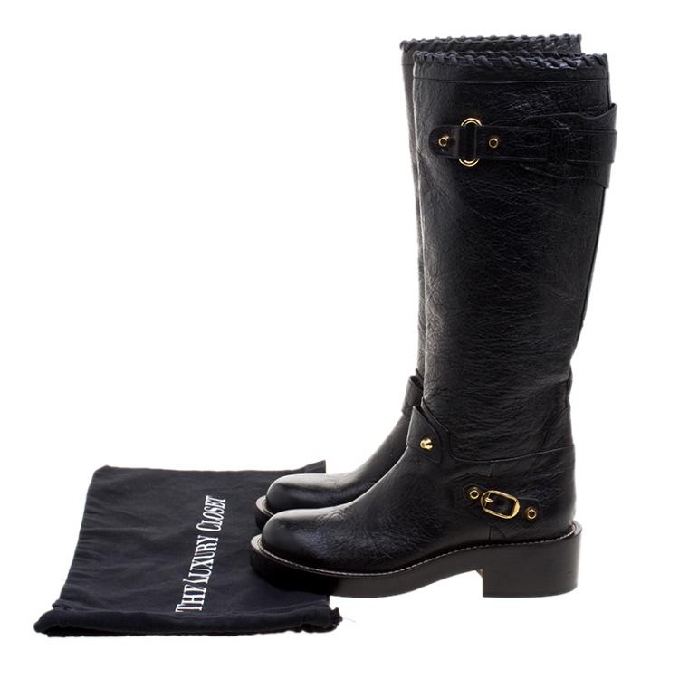 Pre Owned Balenciaga Black Distressed Leather Knee High Boots Size 38.5