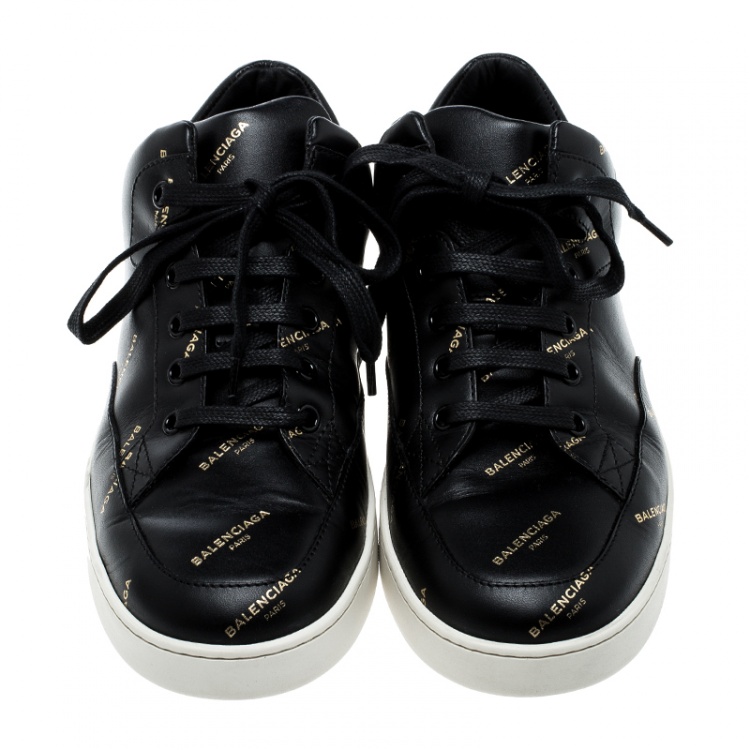 Pre Owned Balenciaga Black Logo Printed Leather Lace Up Sneakers Size 38