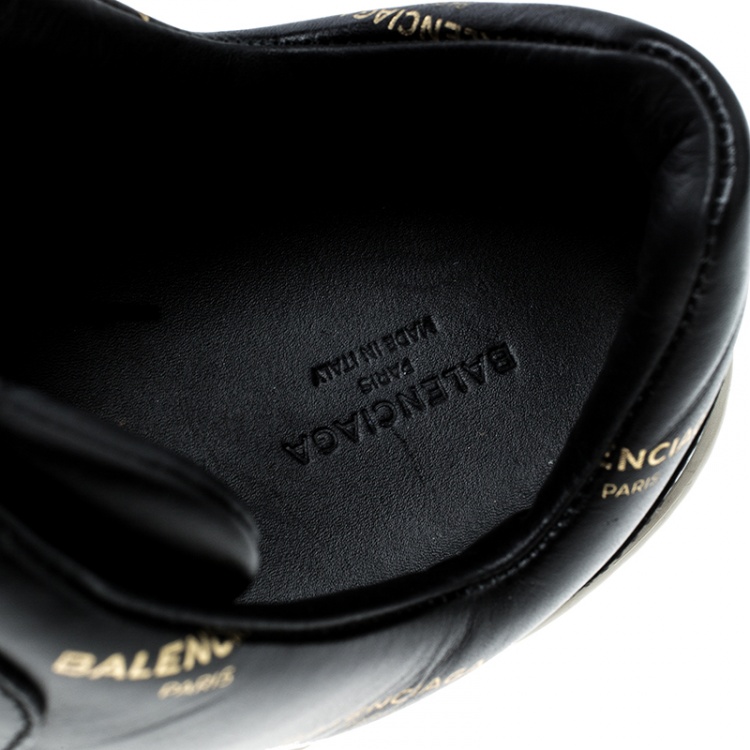 Pre Owned Balenciaga Black Logo Printed Leather Lace Up Sneakers Size 38