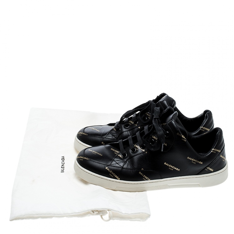 Pre Owned Balenciaga Black Logo Printed Leather Lace Up Sneakers Size 38