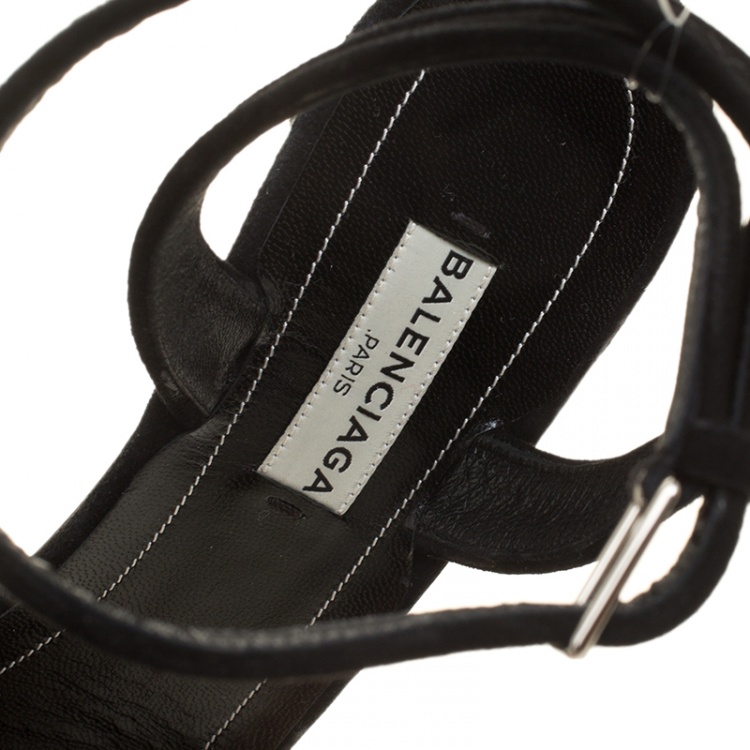 Pre Owned Balenciaga Black Lace Embellished Ankle Strap Sandals Size 38
