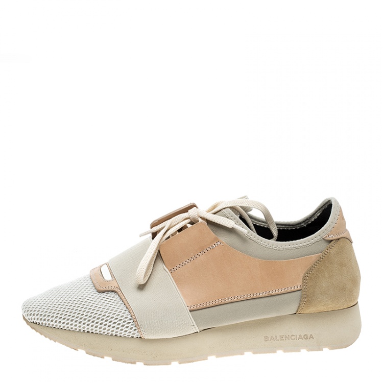 Pre Owned Balenciaga Two Tone Leather And Mesh Mixed Media Lace Up Sneakers Size 41