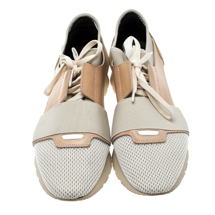 Pre Owned Balenciaga Two Tone Leather And Mesh Mixed Media Lace Up Sneakers Size 41