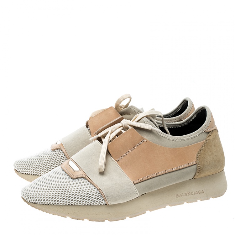 Pre Owned Balenciaga Two Tone Leather And Mesh Mixed Media Lace Up Sneakers Size 41