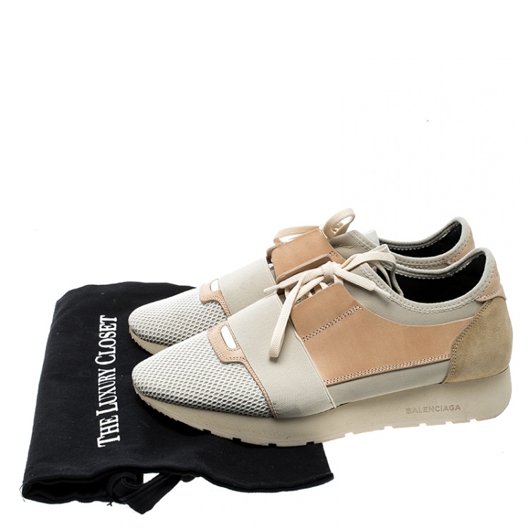 Pre Owned Balenciaga Two Tone Leather And Mesh Mixed Media Lace Up Sneakers Size 41