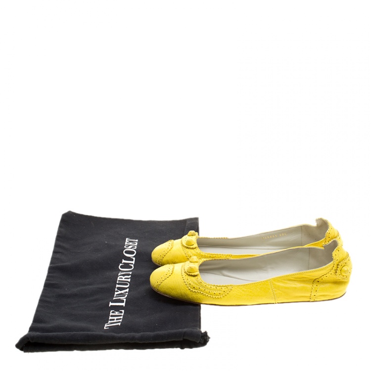 Pre Owned Balenciaga Yellow Brogue Leather Arena Ballet Flats Size 40.5
