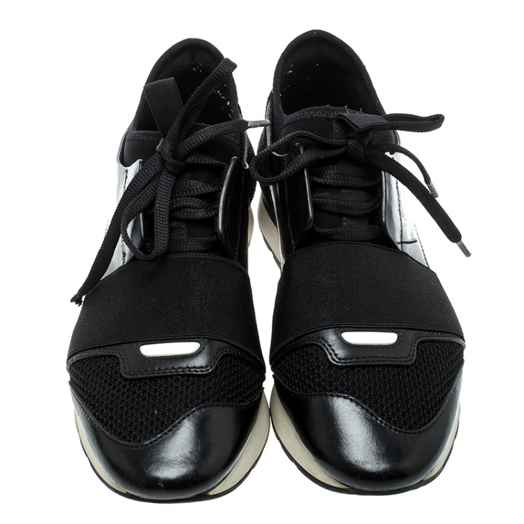 Pre Owned Balenciaga Monochrome Leather And Mesh Mixed Media Lace Up Sneakers Size 37