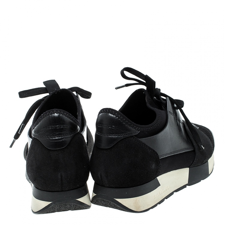 Pre Owned Balenciaga Monochrome Leather And Mesh Mixed Media Lace Up Sneakers Size 37