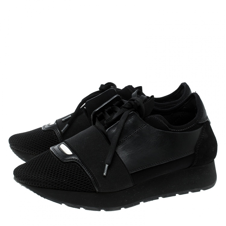 Pre Owned Balenciaga Black Leather and Mesh Match Lace Up Sneakers Size 37