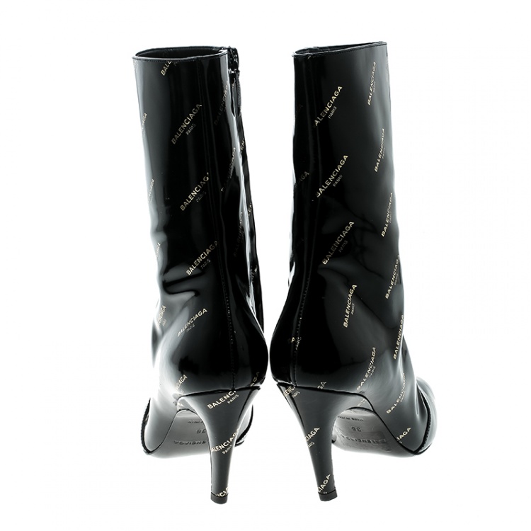 Pre Owned Balenciaga Black Patent Leather All Over Logo Slash Heel Ankle Boots Size 36