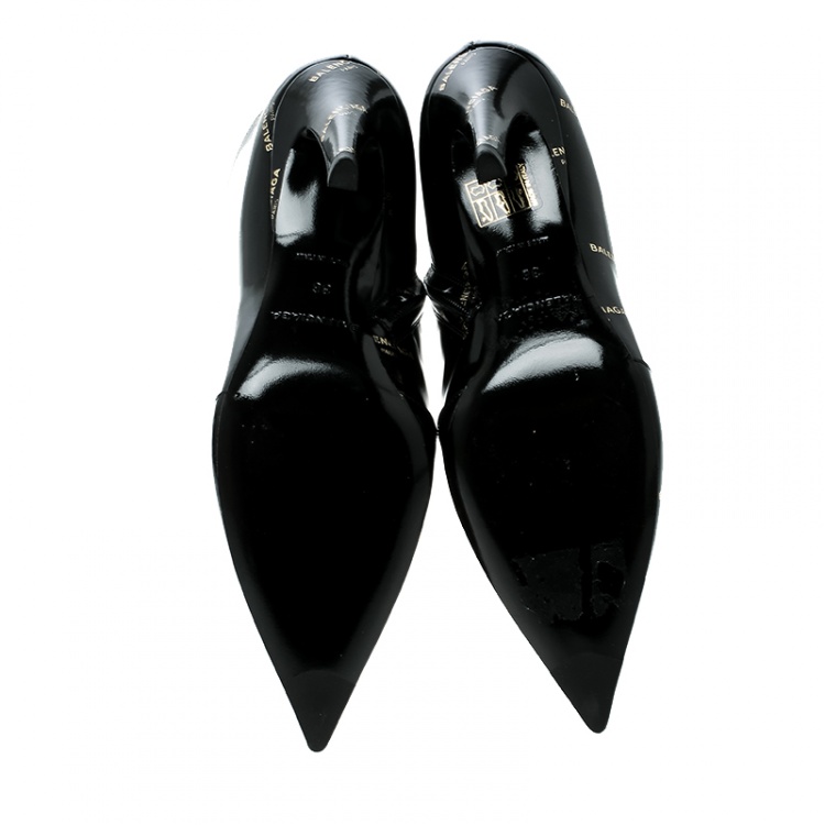 Pre Owned Balenciaga Black Patent Leather All Over Logo Slash Heel Ankle Boots Size 36