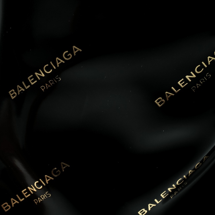 Pre Owned Balenciaga Black Patent Leather All Over Logo Slash Heel Ankle Boots Size 36