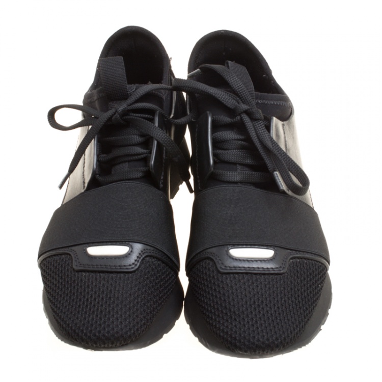Pre Owned Balenciaga Monochrome Leather And Mesh Mixed Media Lace Up Sneakers Size 37