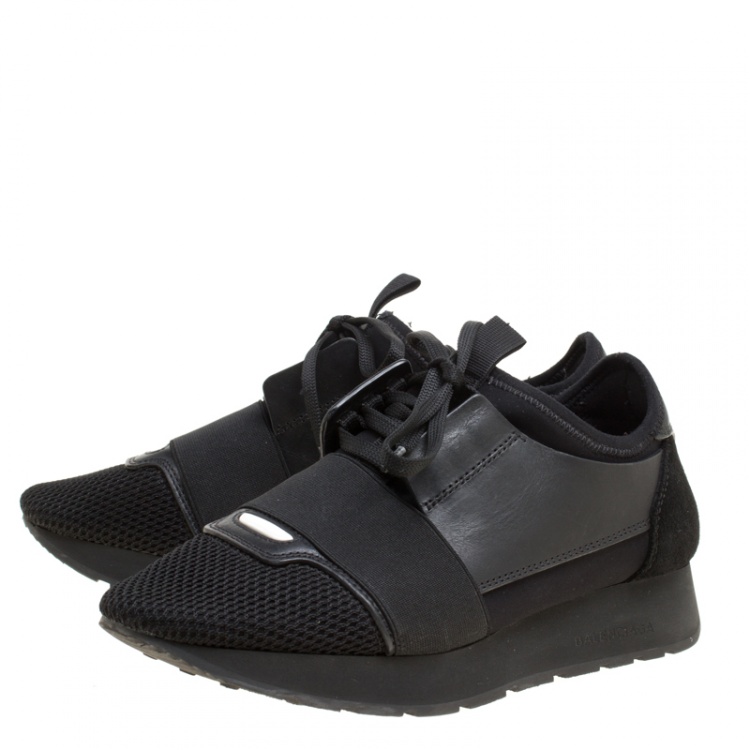Pre Owned Balenciaga Monochrome Leather And Mesh Mixed Media Lace Up Sneakers Size 37