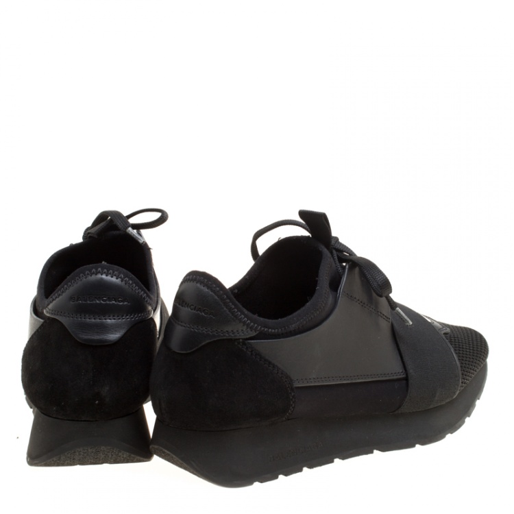 Pre Owned Balenciaga Monochrome Leather And Mesh Mixed Media Lace Up Sneakers Size 37