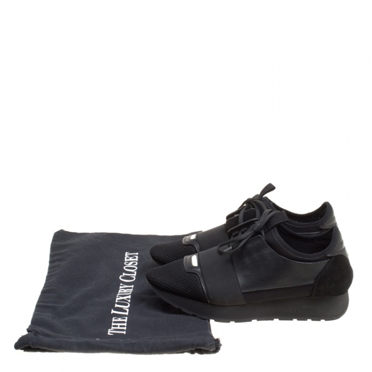 Pre Owned Balenciaga Monochrome Leather And Mesh Mixed Media Lace Up Sneakers Size 37