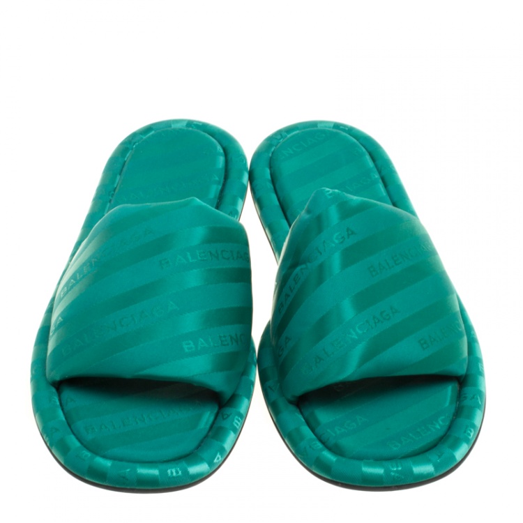 Pre Owned Balenciaga Emerald Green Jacquard Hotel Flat Slides Size 39