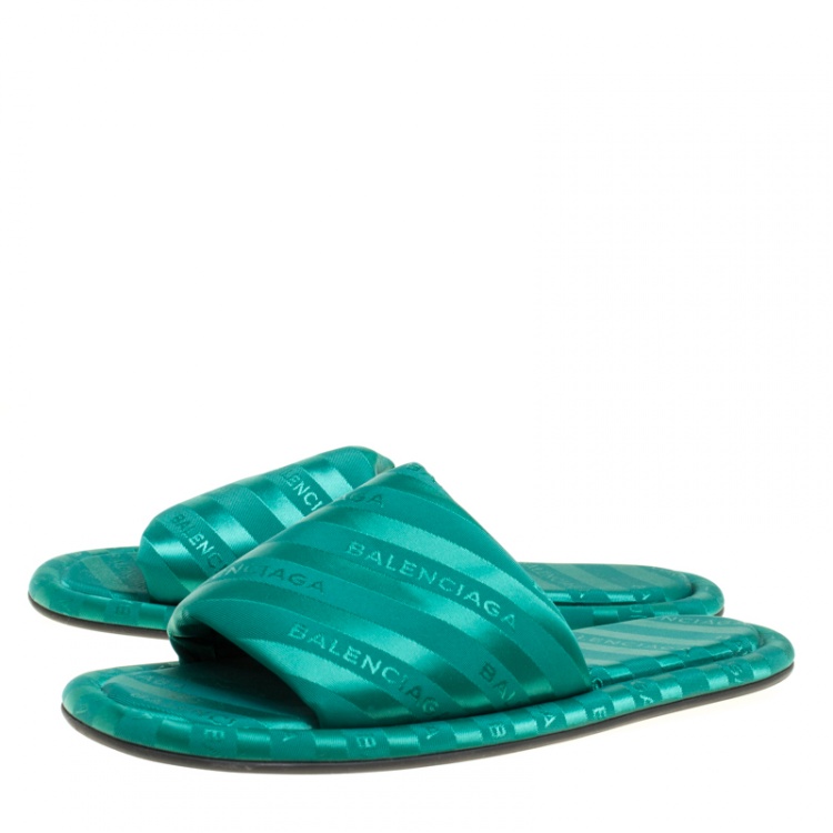 Pre Owned Balenciaga Emerald Green Jacquard Hotel Flat Slides Size 39