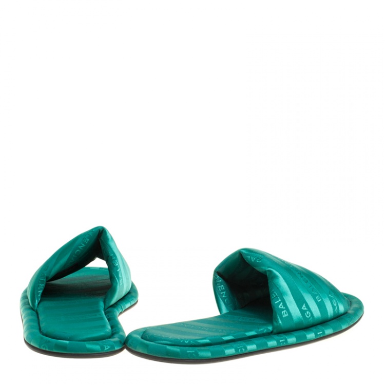 Pre Owned Balenciaga Emerald Green Jacquard Hotel Flat Slides Size 39